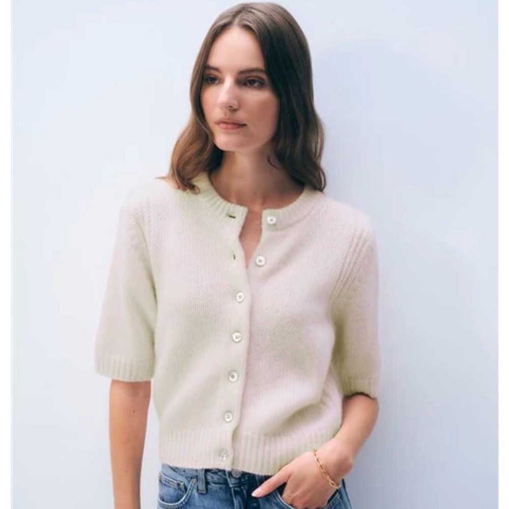 White + Warren Short Sleeves Soft White Cashmere Knit Cardigan Sweater size M